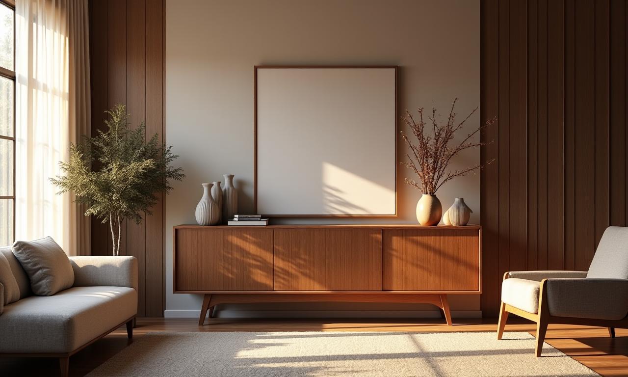 Elegante salón con un aparador de madera hecho a mano.